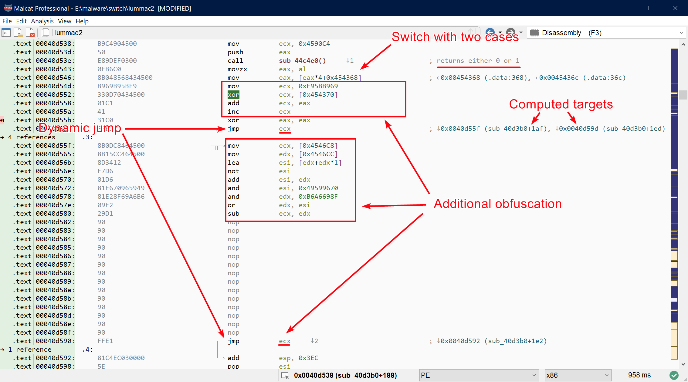 Resolving dynamic jumps in an obfuscated program (LummaC2)