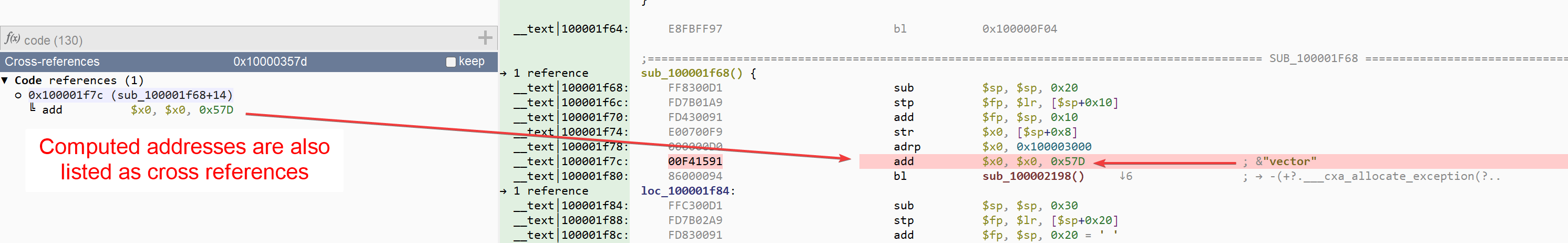 Computed addresses are correctly displayed and cross-referenced