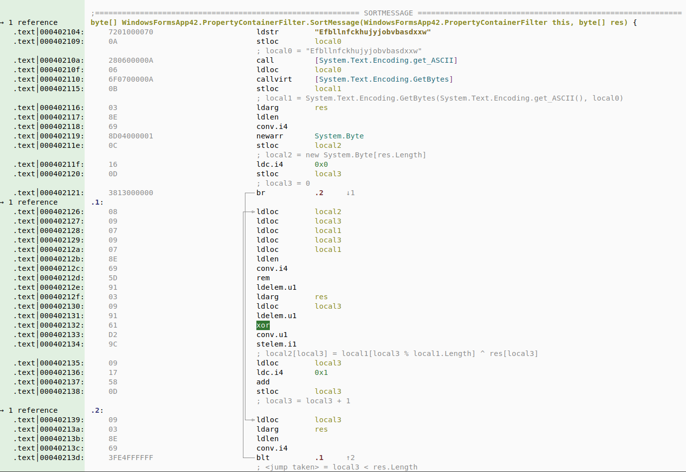 .NET stack analysis of a decryption function (assigned values)