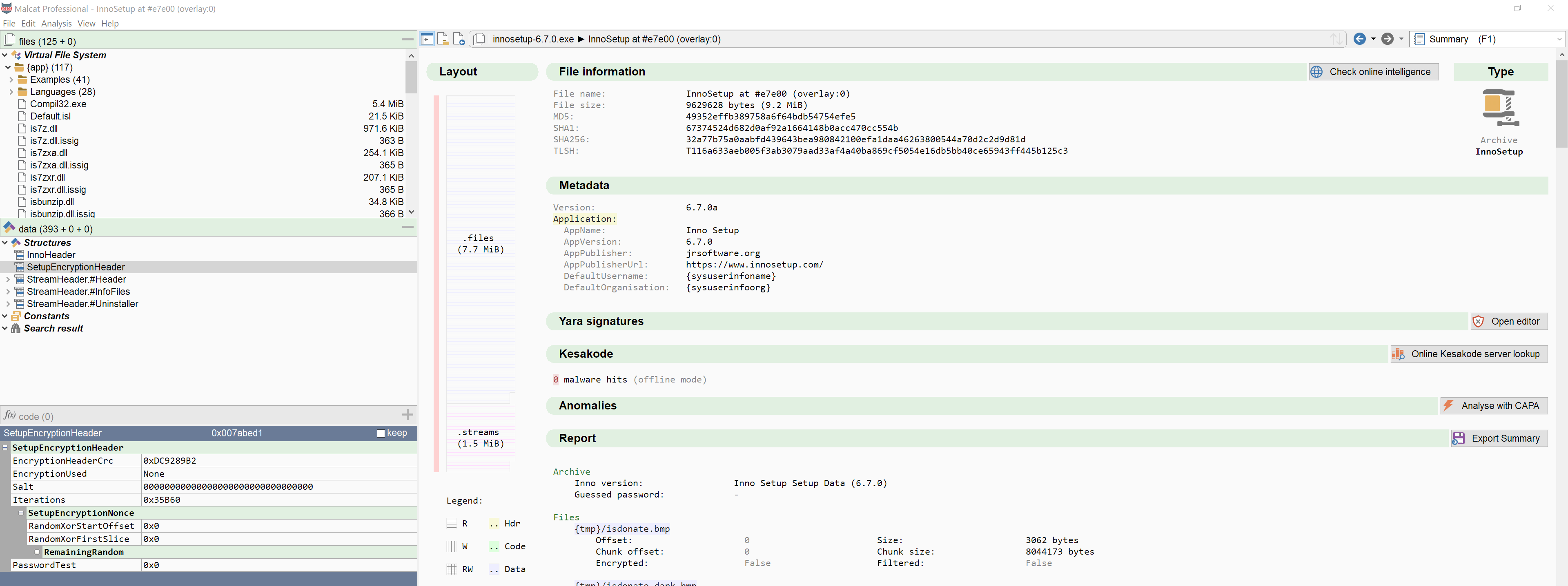 Malcat opening an INNOSetup 6.7.0 installer