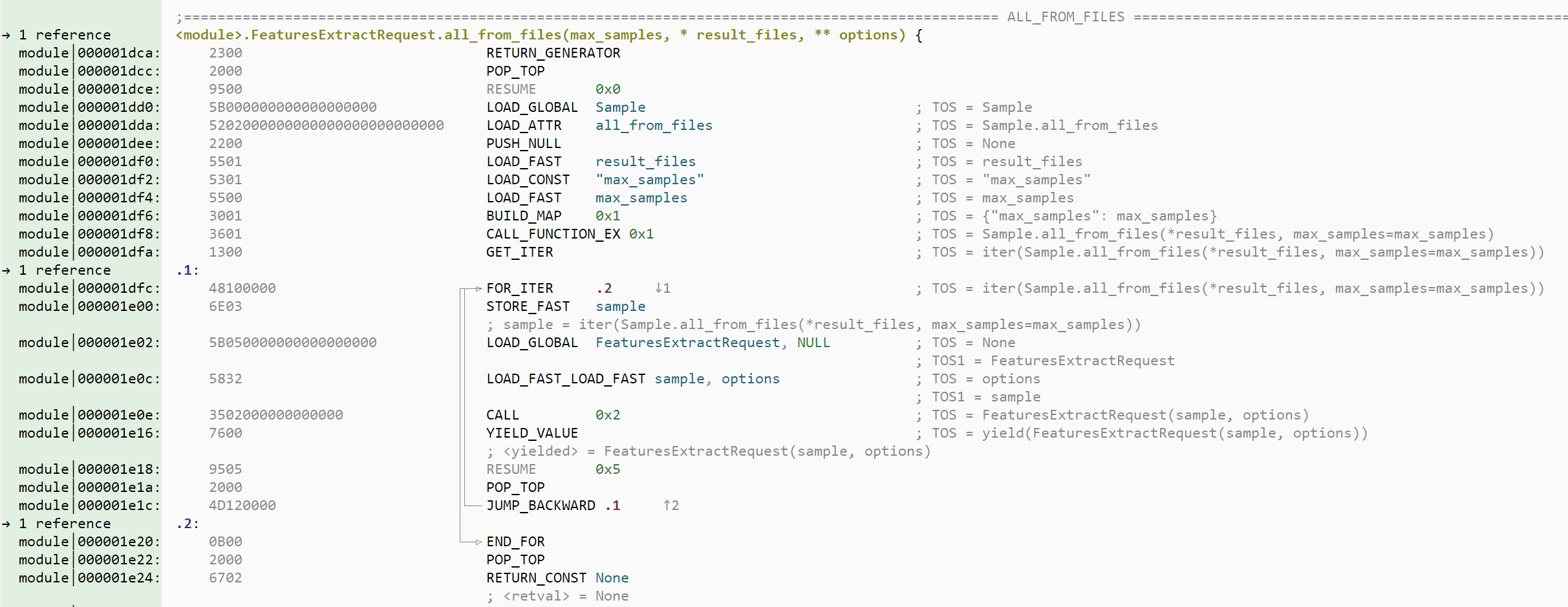 Python bytecode stack analysis in action (assigned values + TOS)