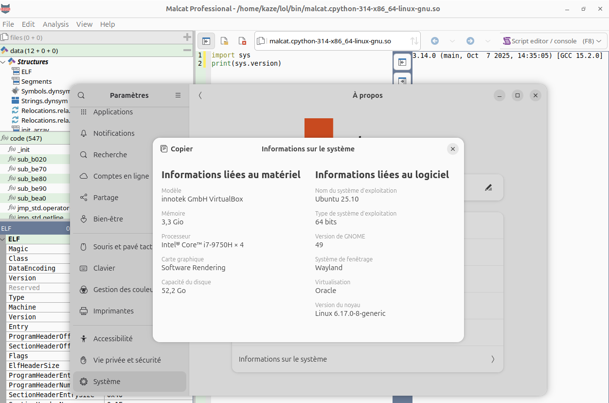Malcat running on Ubuntu 25.10 with python 3.14