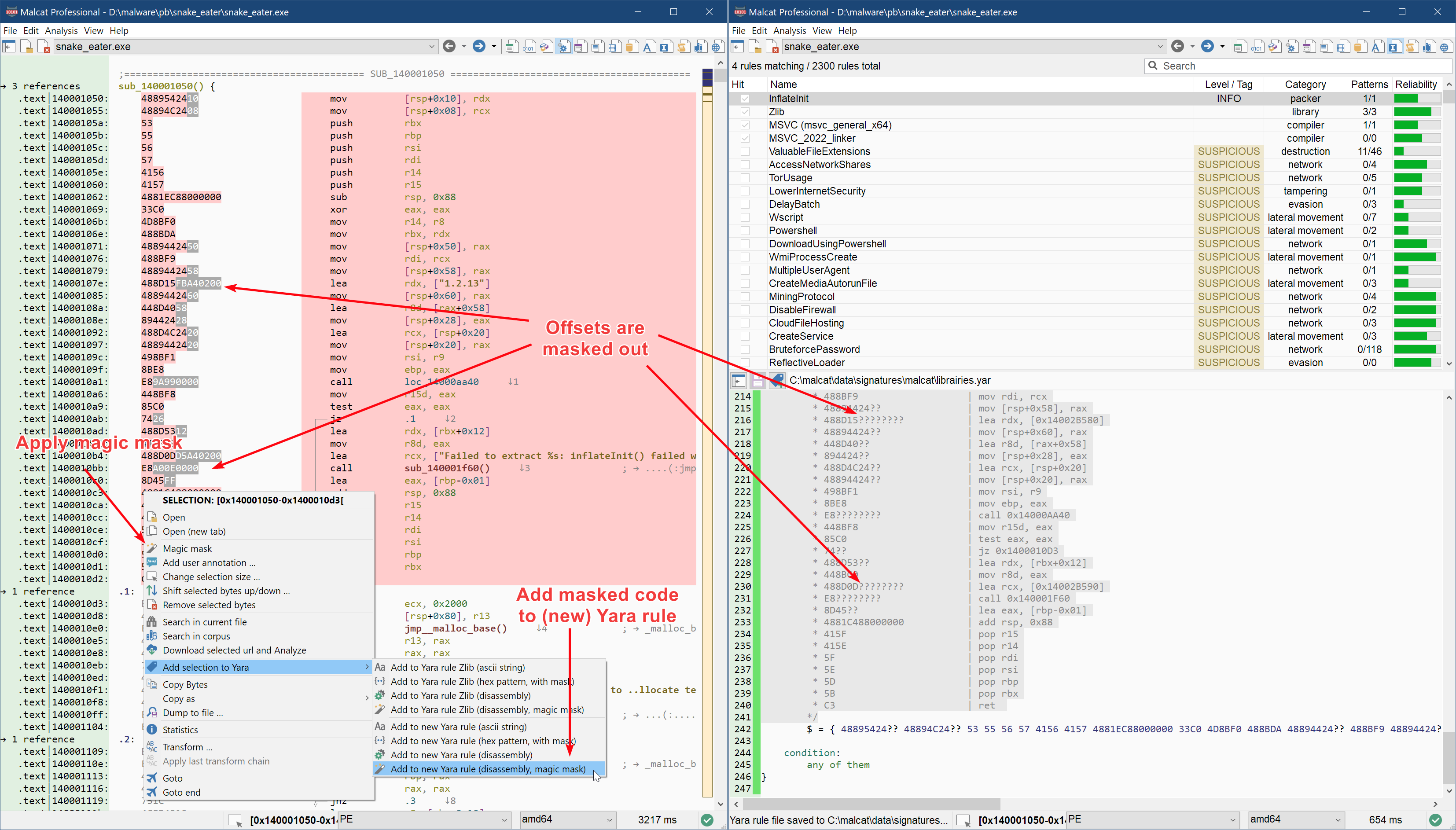 You can add a masked code pattern directly to a Yara rule