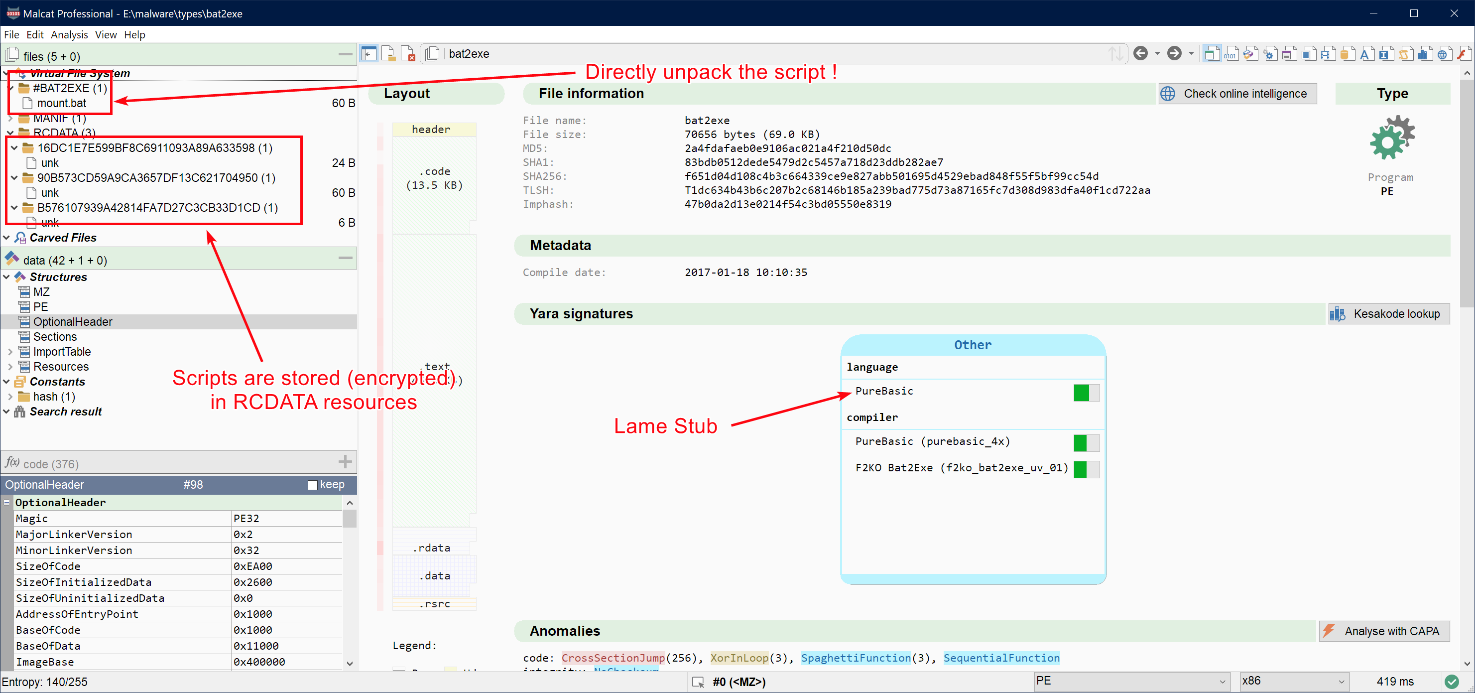 Bat2exe support in Malcat