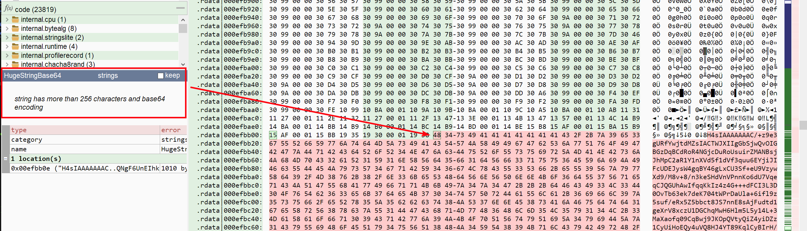 Huge base64 string found inside the binary
