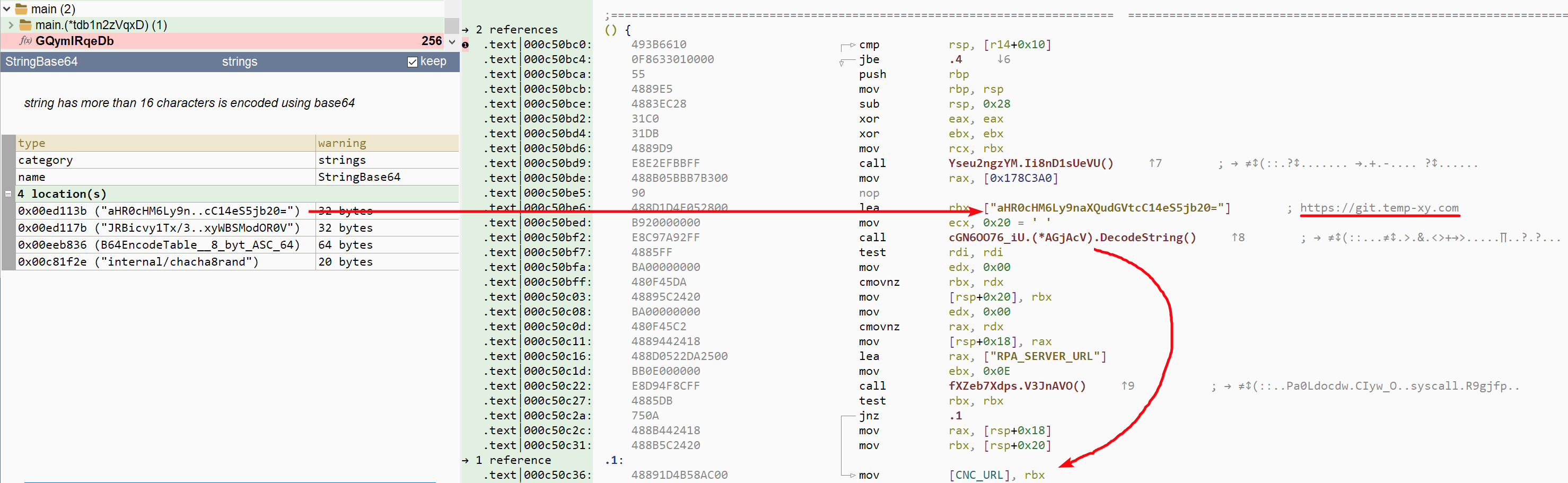 Url of the C&C server is stored encoded in base64