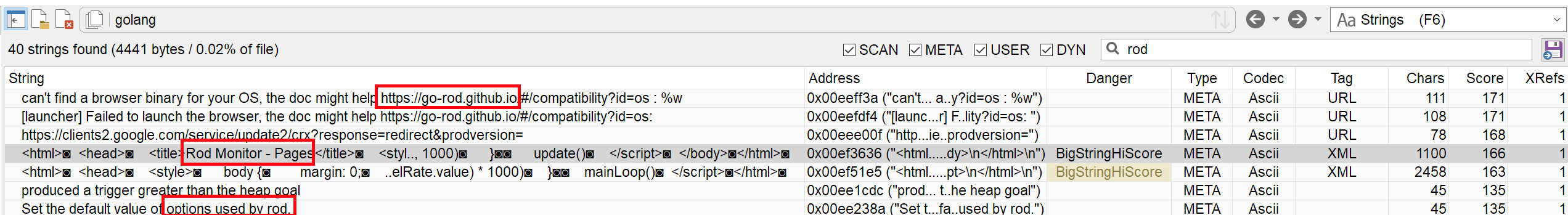 go-rod related strings found in the first Golang binary