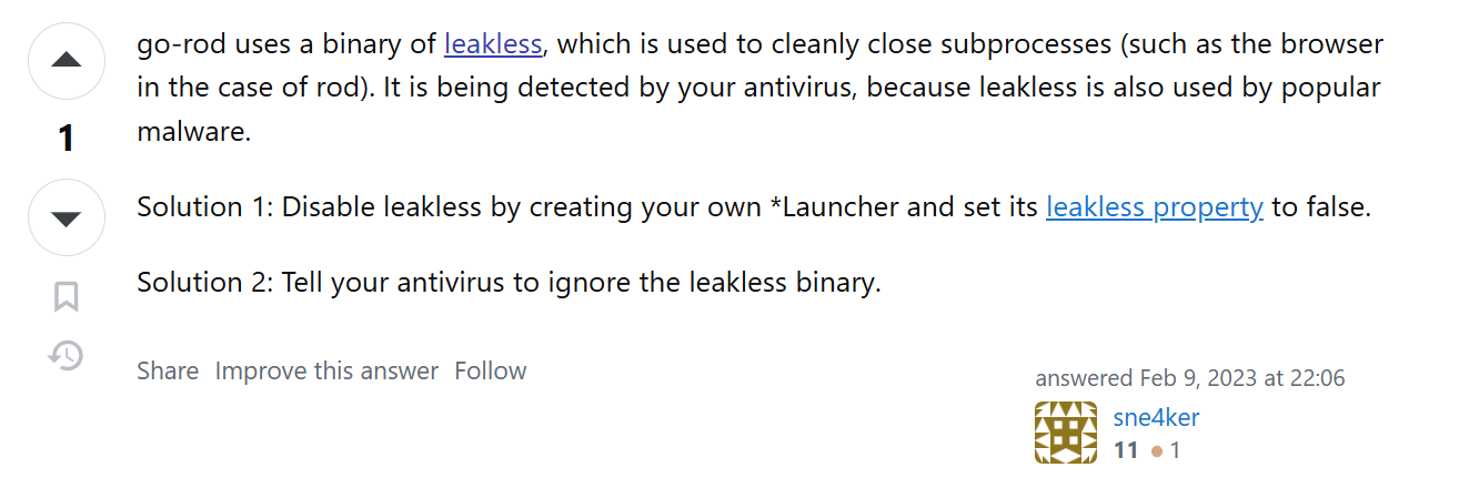 Stackoverflow: leakless seems to be embedded in other malware