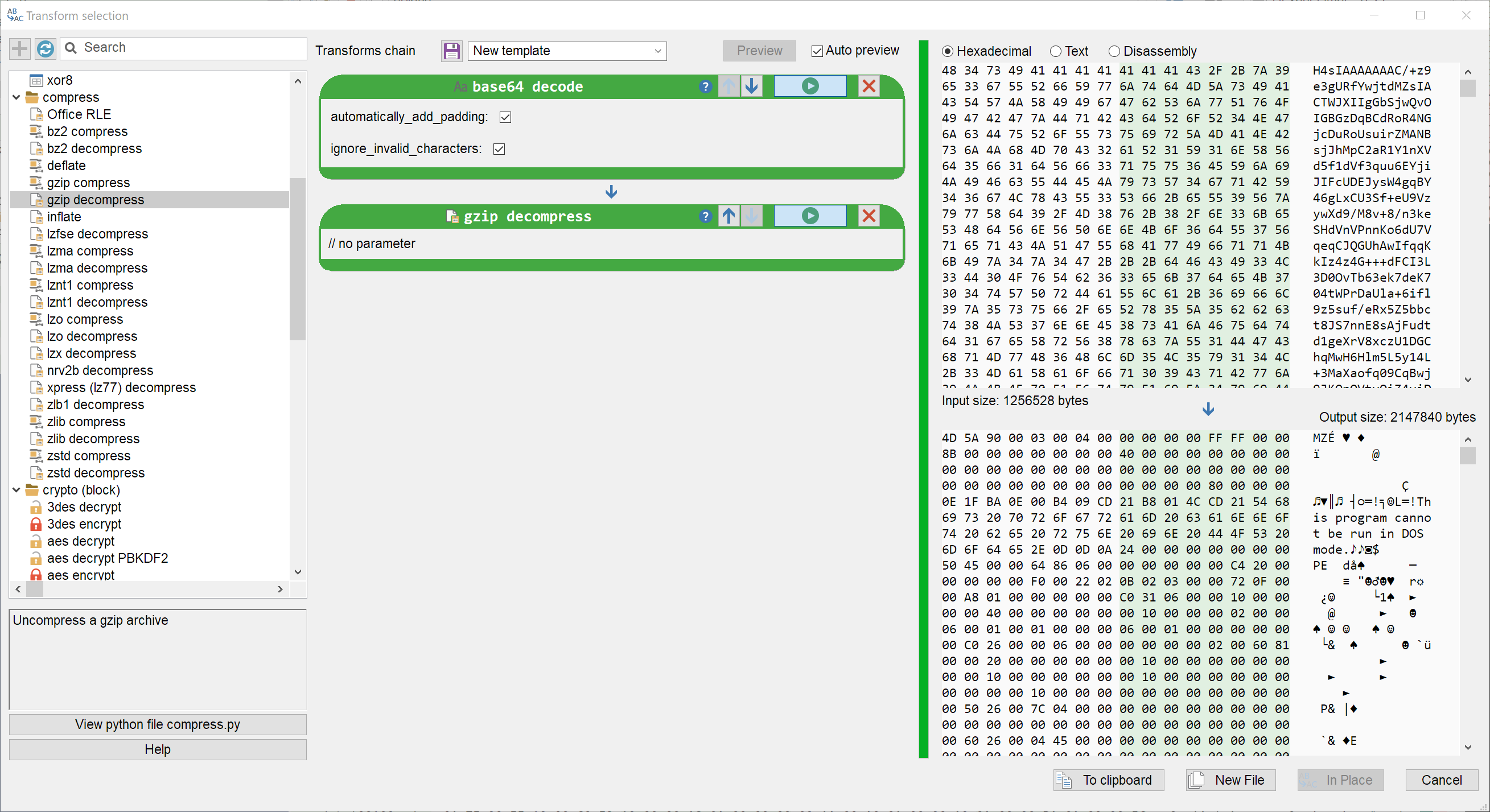 The huge base64 string is a gzipped Golang program
