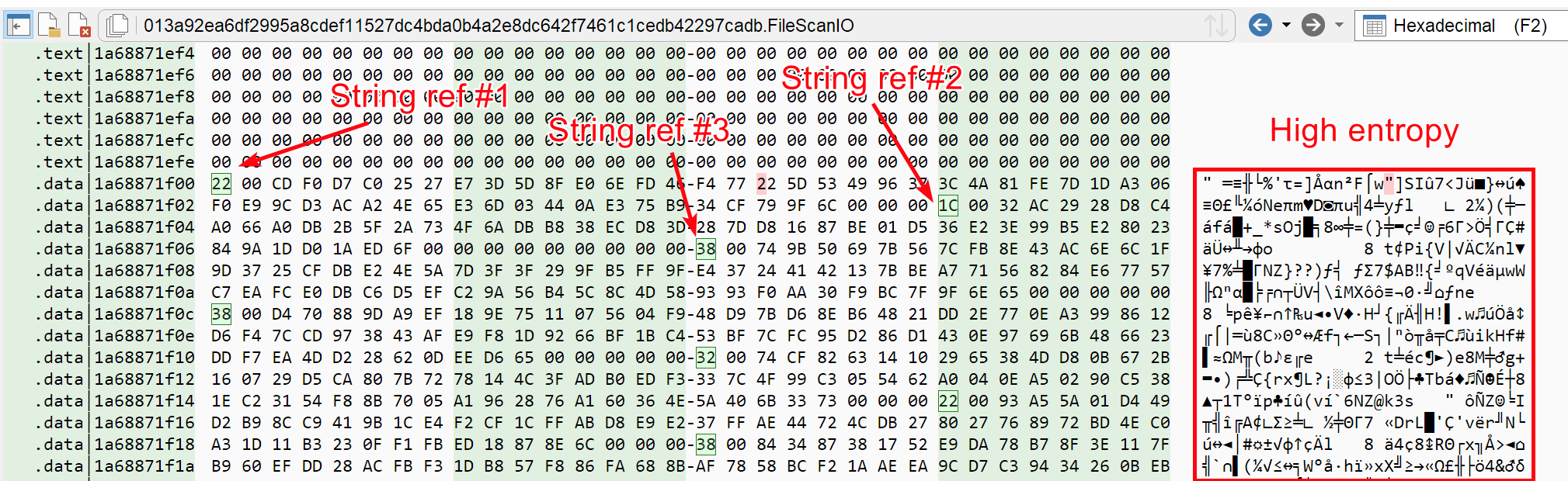 High-entropy, referenced data in the .data section