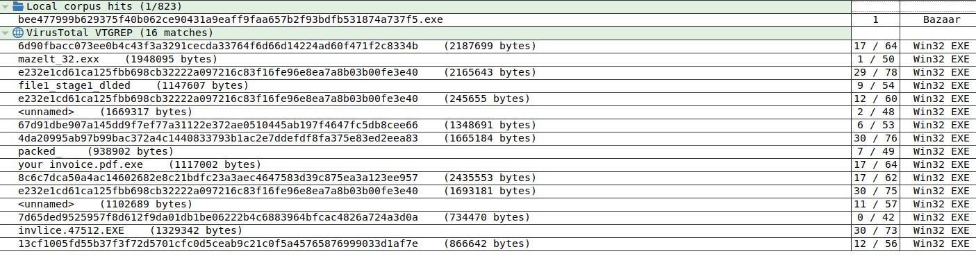 Matching selection pattern against Virustotal's corpus using VTGrep