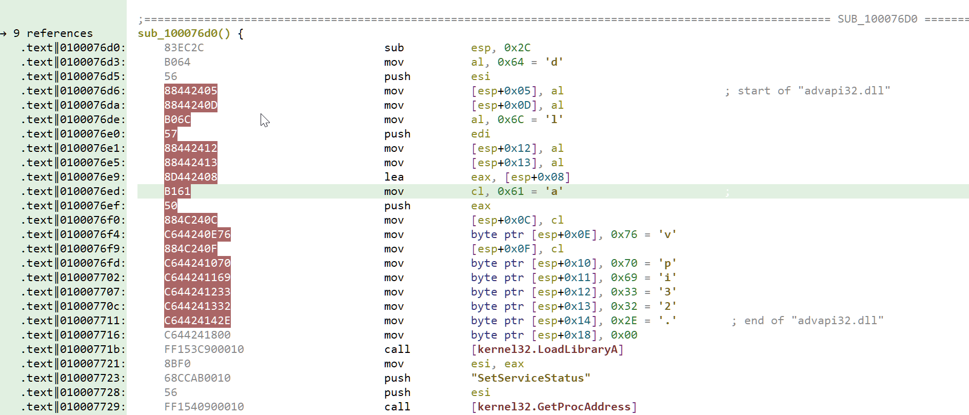 Annotated disassembly around stack string construction