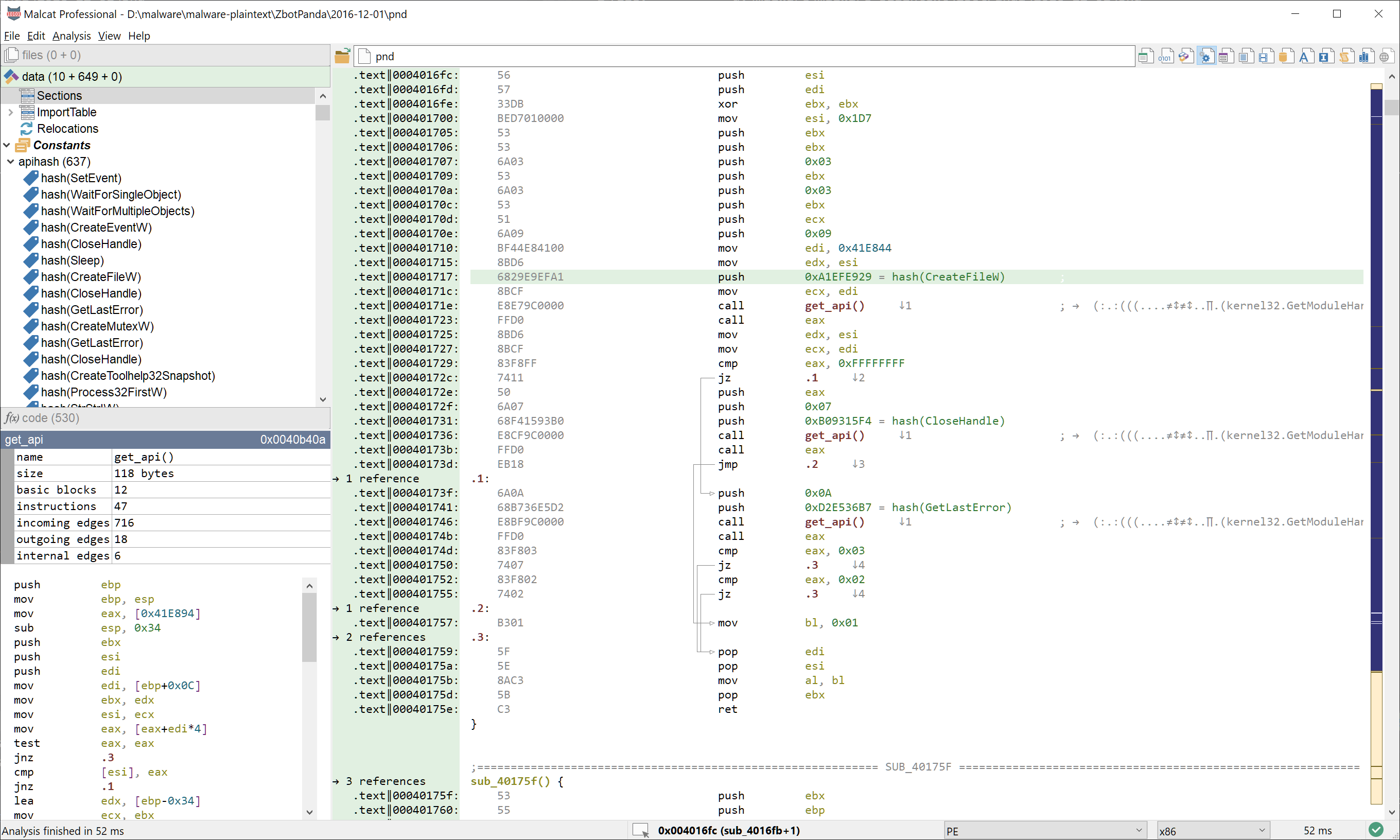 Identifying API hashes in disassembly