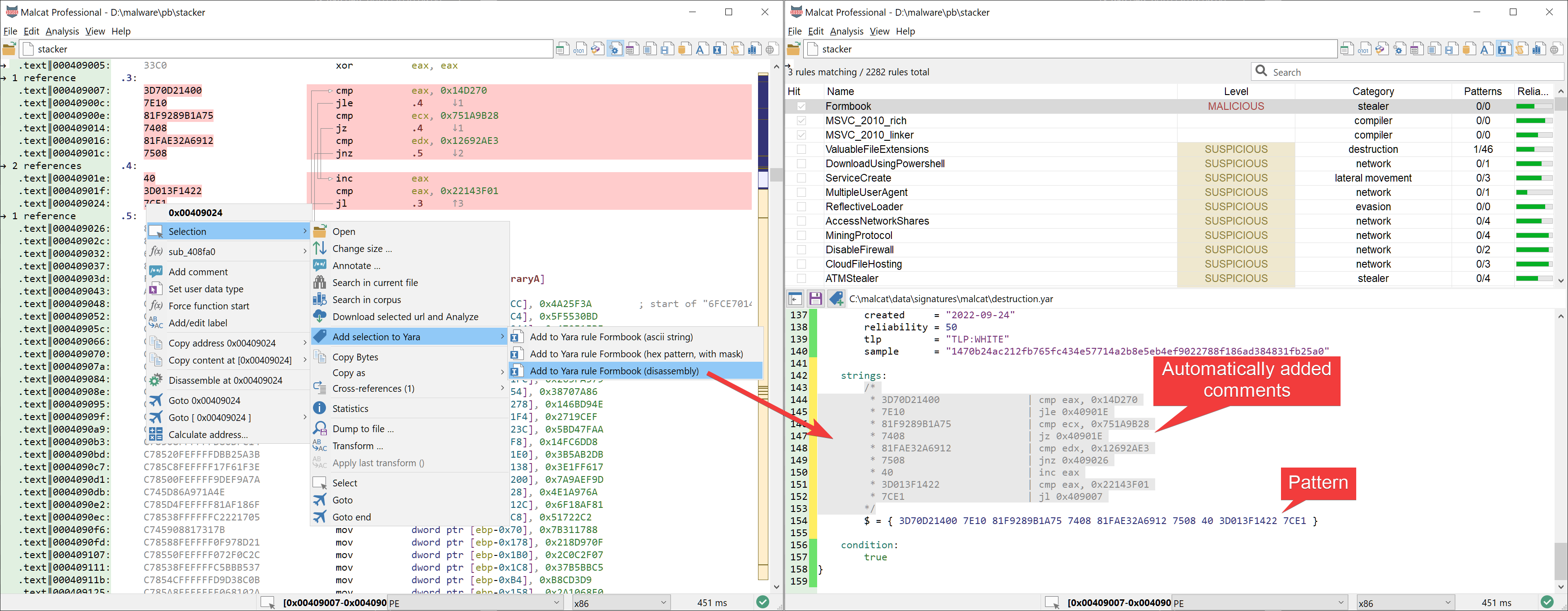 Adding disassembly listing to a Yara rule