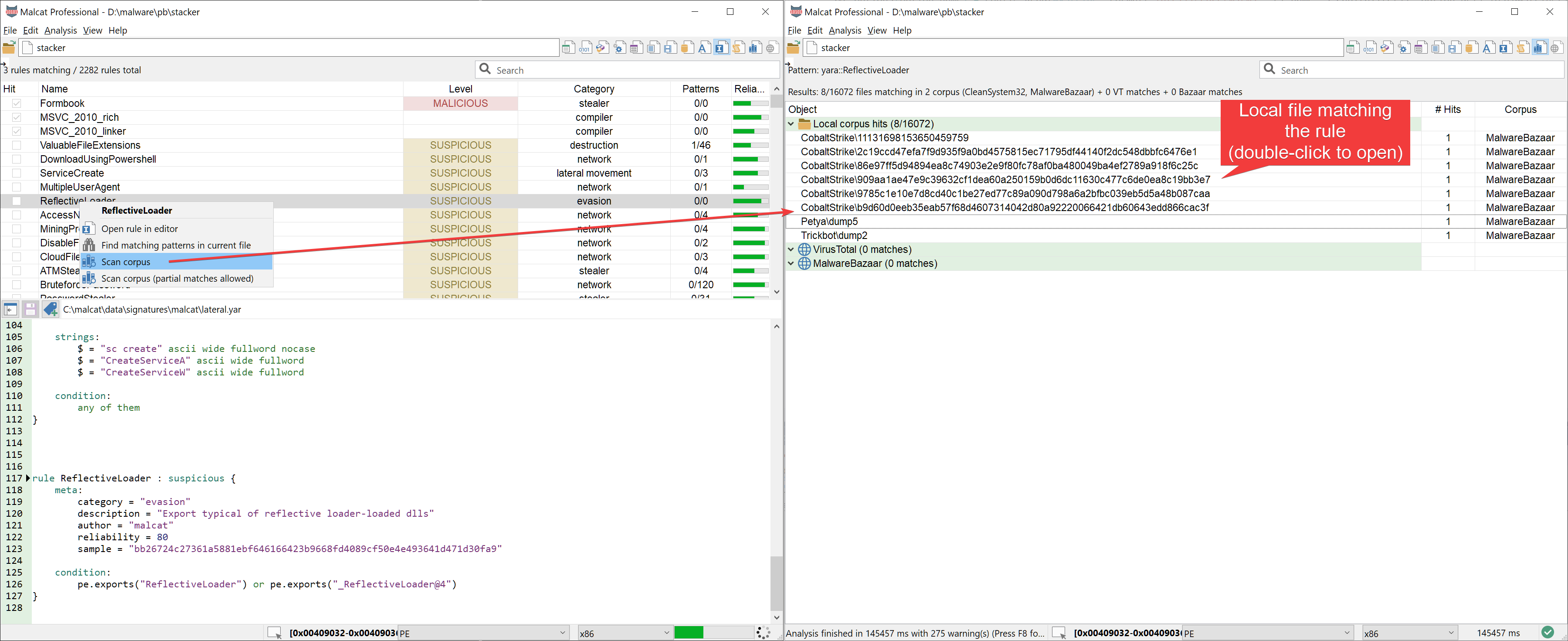 Whole file corpus scan against selected Yara rule