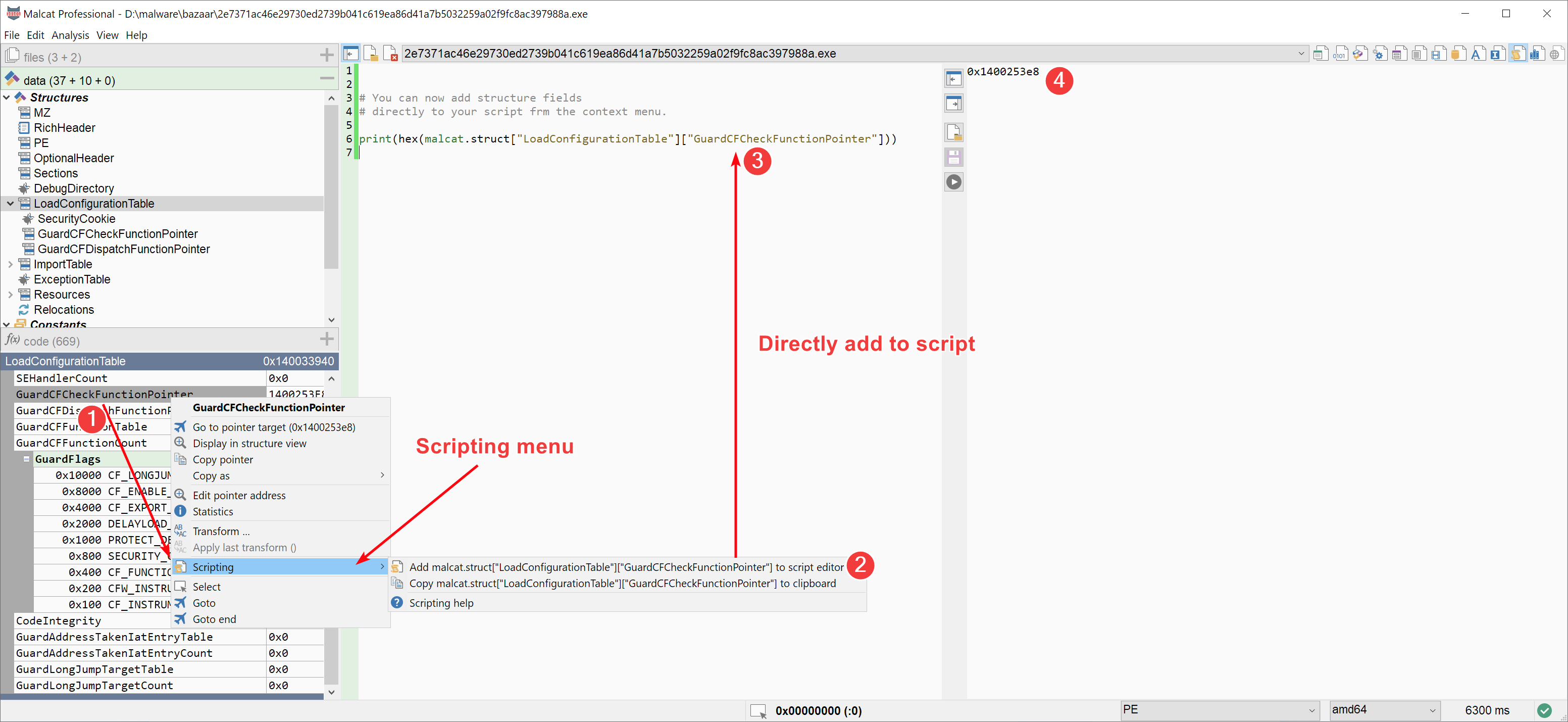 The scripting menu for a structure field