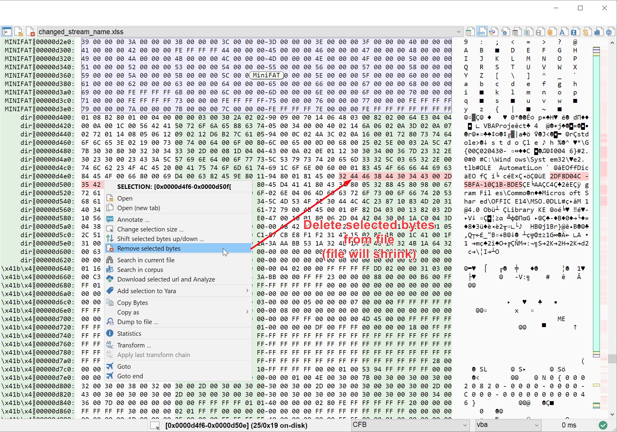 You can delete selected bytes from file