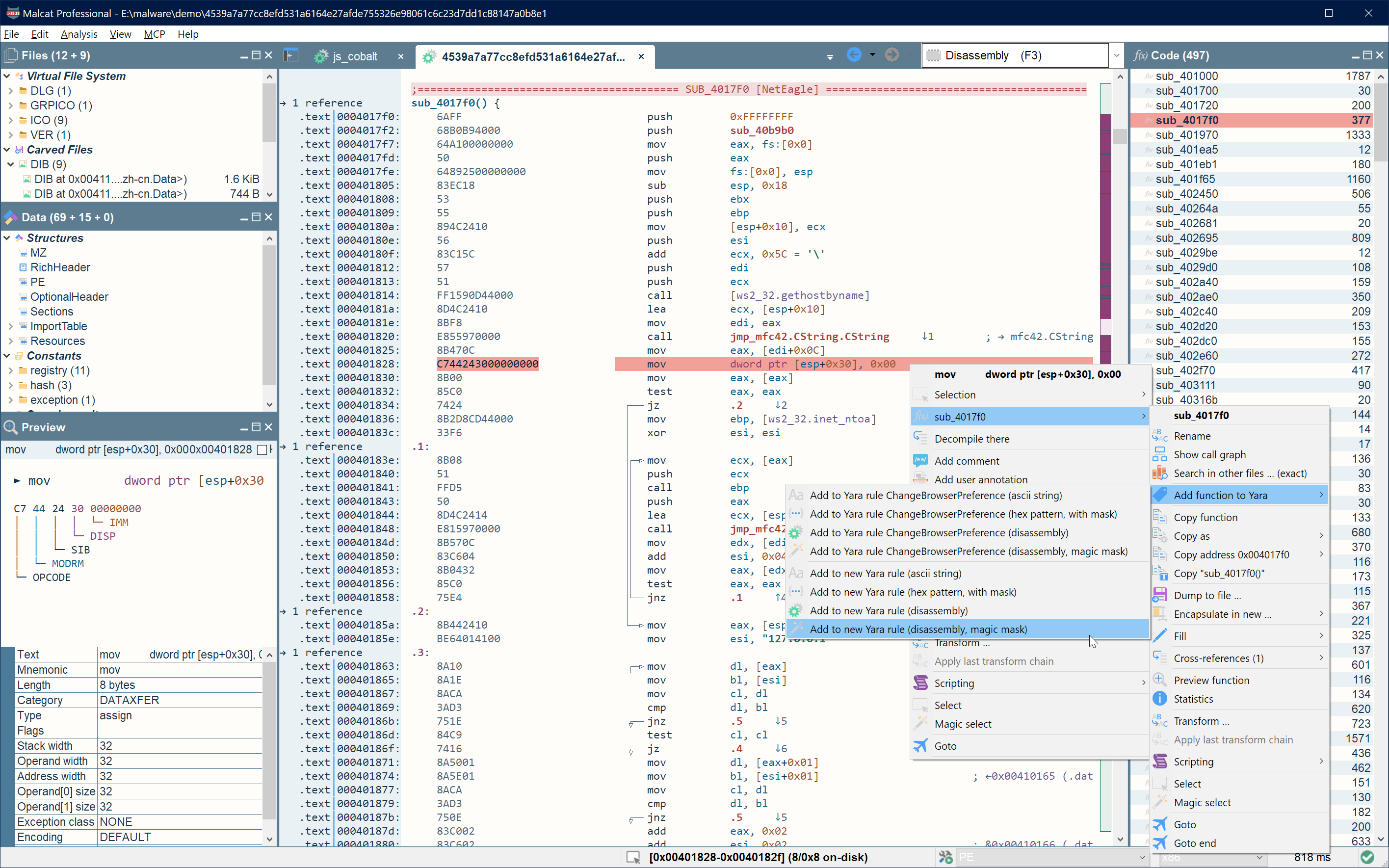 Disassembly view in Malcat Desktop