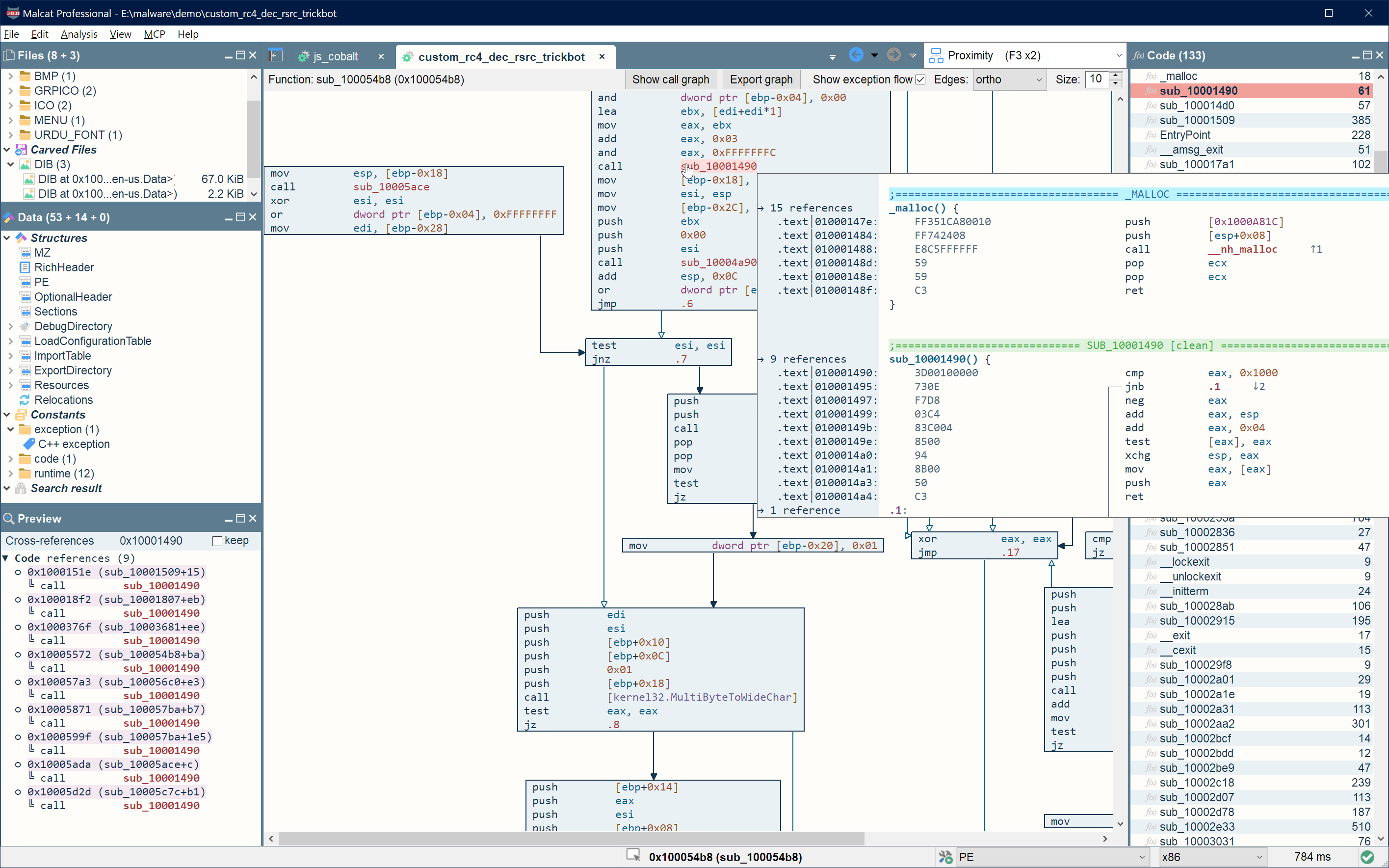 Malcat Desktop control-flow graph view