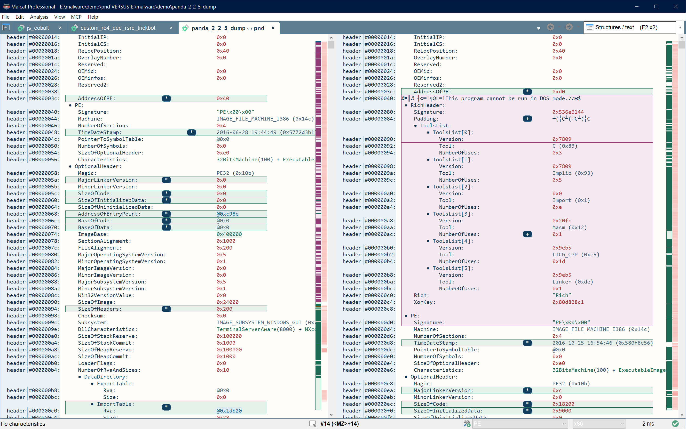 Side-by-side binary comparison in Malcat Desktop