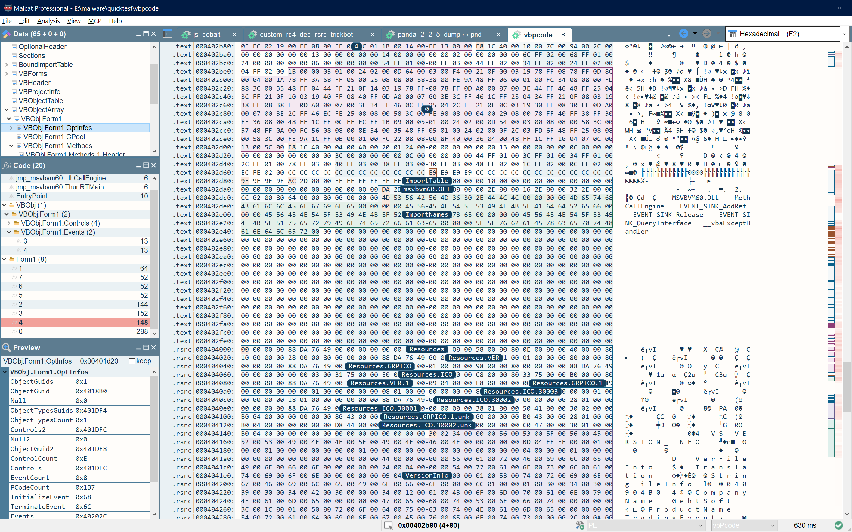 Hexadecimal view of VB p-code in Malcat Desktop