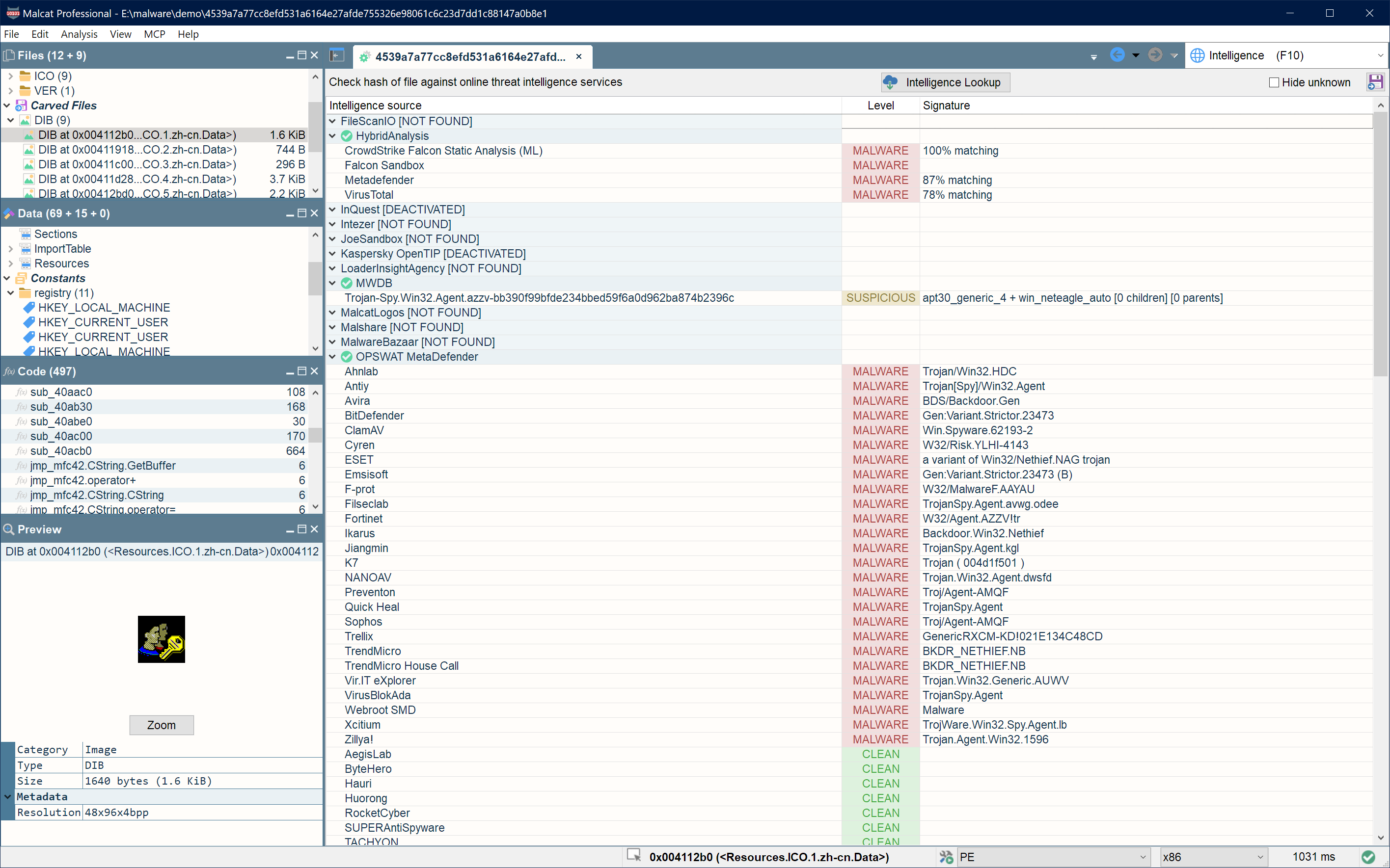 Threat intelligence view in Malcat Desktop