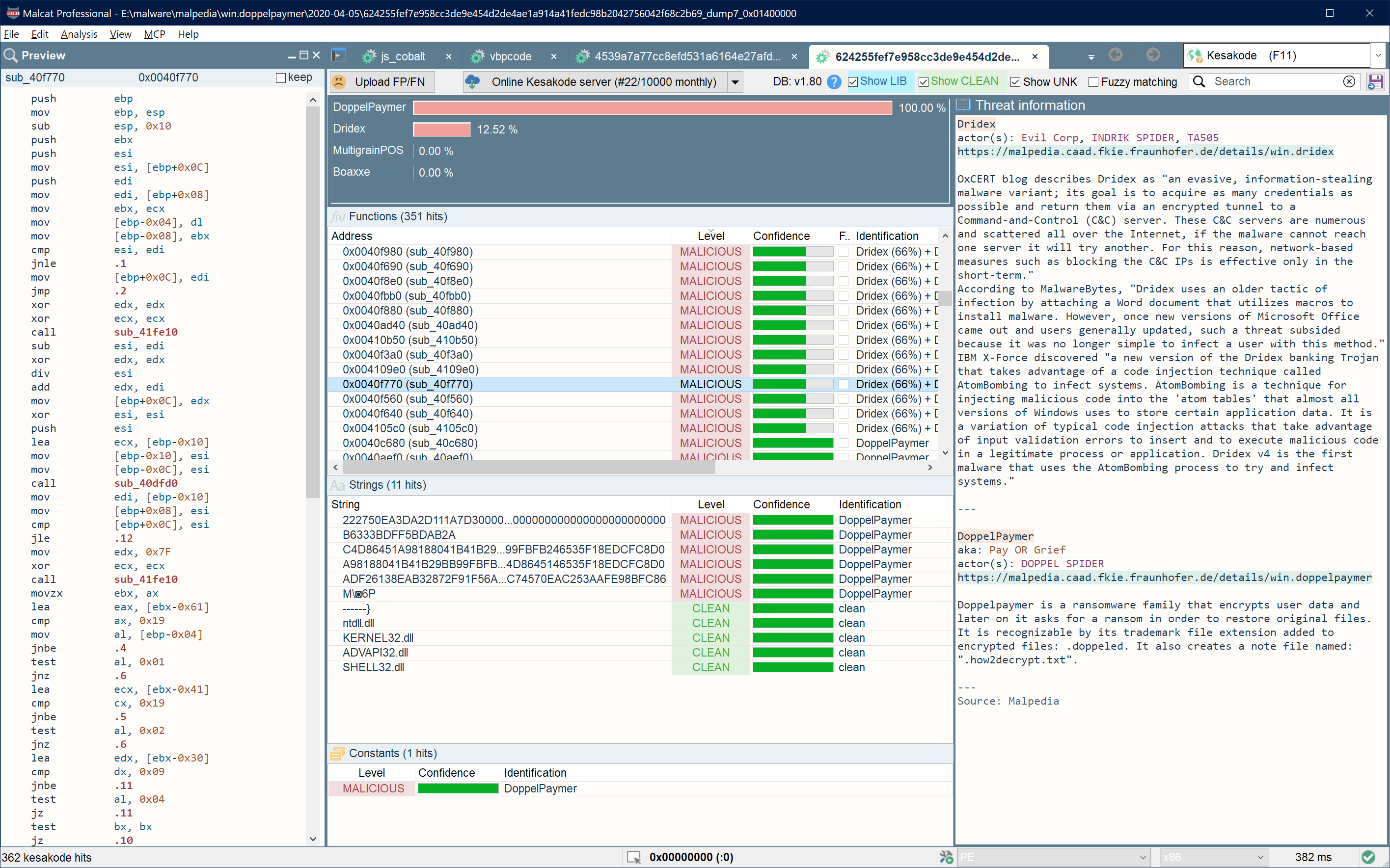 Kesakode malware family matches and supporting artifacts in Malcat Desktop