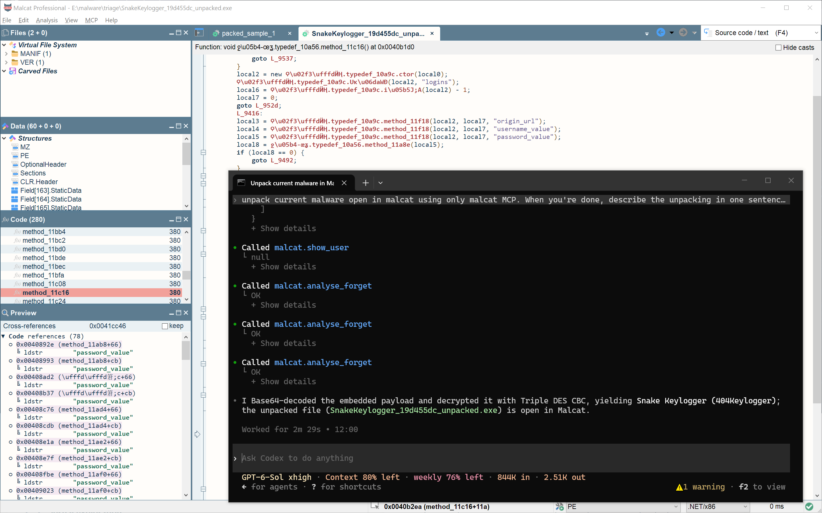 MCP-assisted static unpacking followed in Malcat Desktop
