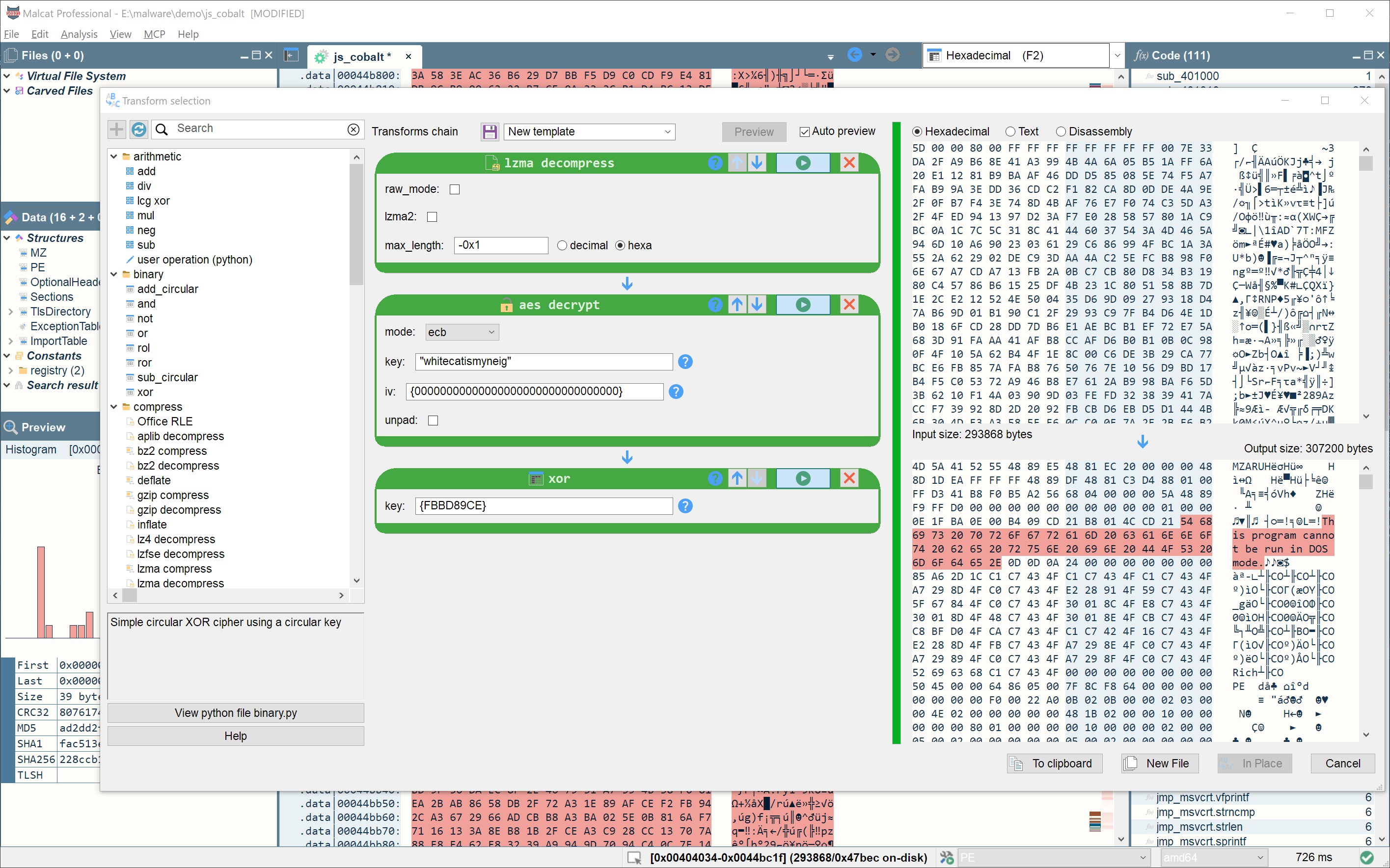 Malcat data transforms for decoding and decrypting selected content