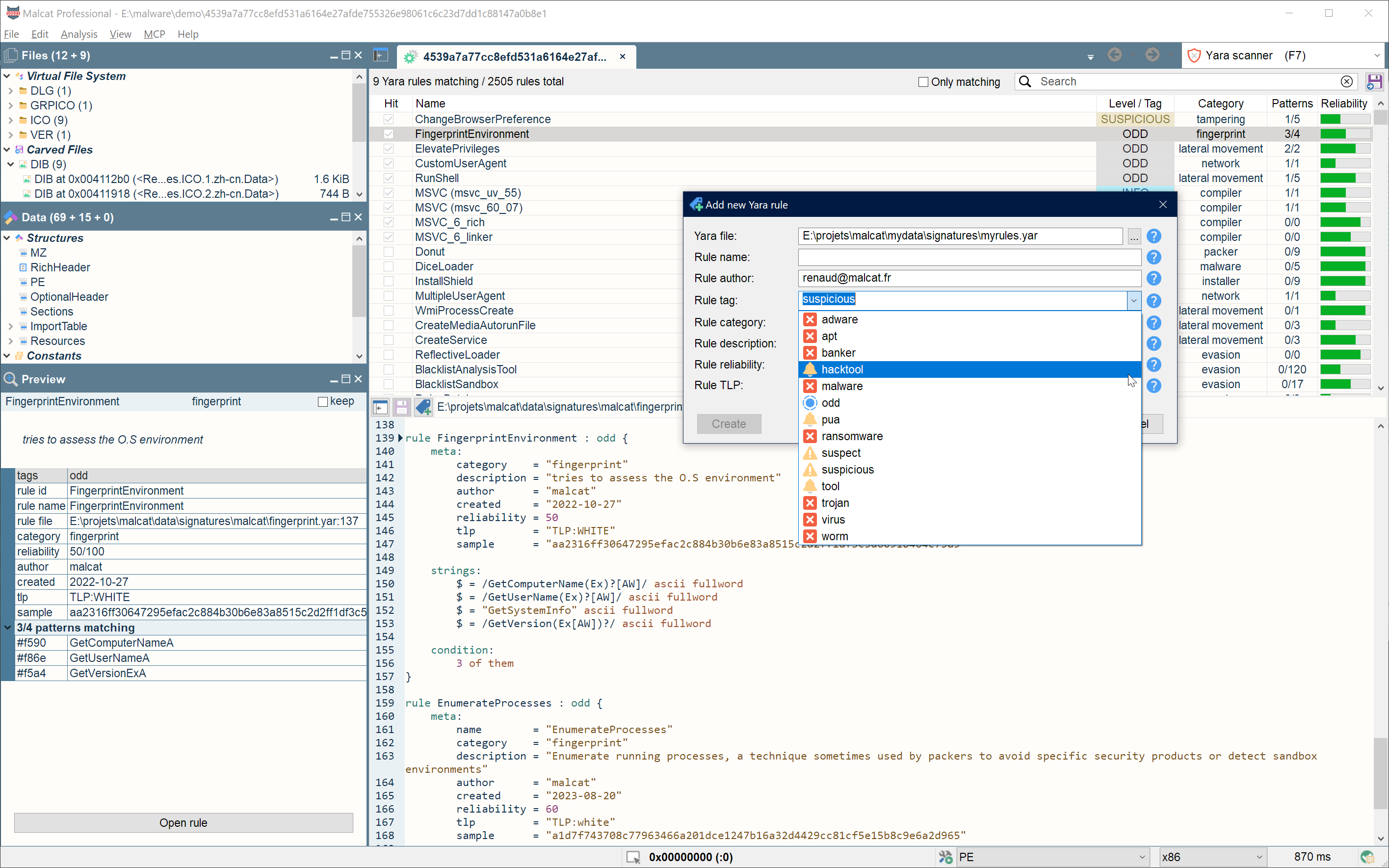 YARA rules and matches in Malcat Desktop
